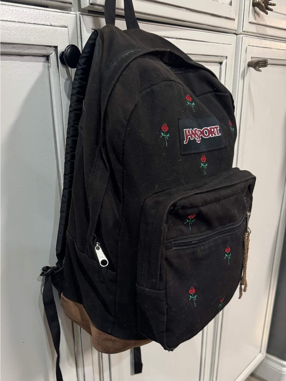 Vtg 90s Y2k JanSport Expressions backpack embroider red roses black brown suede - Picture 12 of 13